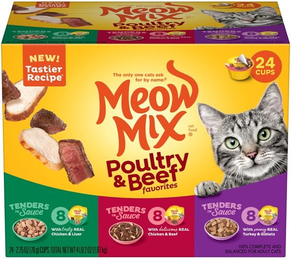 Meow Mix Tender Favorites Poultry & Beef Cat Food Trays Variety Pack, 2.75-oz, case of 24 slide 1 of 5