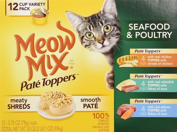 Meow Mix Pate Toppers Seafood & Poultry Variety Pack Cat Food Trays, 2.75-oz, case of 12 slide 1 of 3