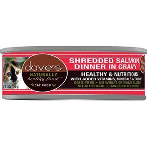 Dave's Pet Food Naturally Healthy Grain-Free Shredded Salmon Dinner in Gravy Canned Cat Food, 5.5 oz, case of 24