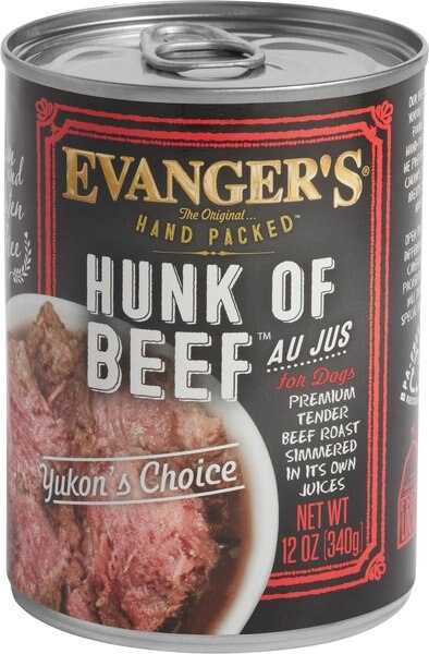 Evanger's Grain-Free Hand Packed Hunk of Beef Canned Dog Food, 12-oz, case of 12 slide 1 of 3