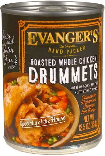 Evanger's Grain-Free Hand Packed Roasted Whole Chicken Drummets Dinner Canned Dog Food, 12-oz, case of 12 slide 1 of 3