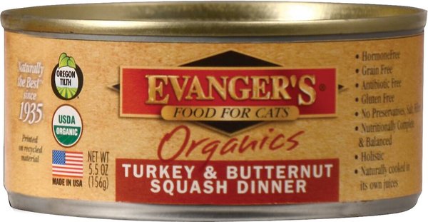 Evanger's Organics Turkey & Butternut Squash Dinner Canned Cat Food, 5.5-oz, case of 24 slide 1 of 4