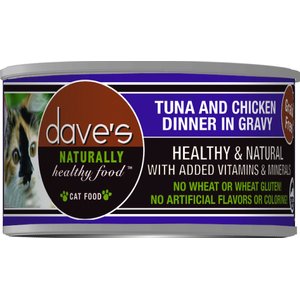 Dave's Pet Food Naturally Healthy Grain-Free Tuna & Chicken Dinner in Gravy Canned Cat Food, 3-oz, case of 24