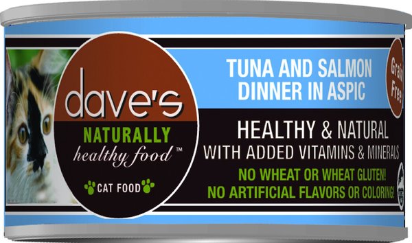 Dave's Pet Food Naturally Healthy Grain-Free Tuna & Salmon Dinner in Aspic Canned Cat Food, 3-oz, case of 24 slide 1 of 5