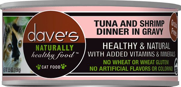 Dave's Pet Food Naturally Healthy Grain-Free Grilled Tuna & Shrimp Dinner in Gravy Canned Cat Food, 5.5-oz, case of 24 slide 1 of 5