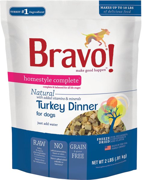Bravo! Homestyle Complete Turkey Dinner Grain-Free Freeze-Dried Dog Food, 2-lb bag slide 1 of 7