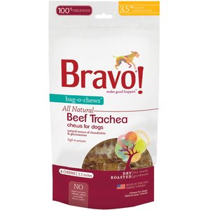 Bravo! Bag-O-Chews 3.5" Beef Trachea Chews Dry-Roasted Dog Treats, 4 pack
