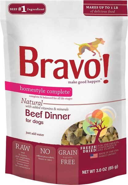 Bravo! Homestyle Complete Beef Dinner Grain-Free Freeze-Dried Dog Food, 3-oz bag slide 1 of 5