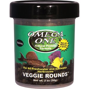 Omega One Sinking Veggie Rounds Freshwater & Saltwater Fish Food, 2-oz jar