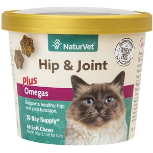 NaturVet Hip & Joint Plus Omegas Soft Chews Joint Supplement for Cats, 60 count