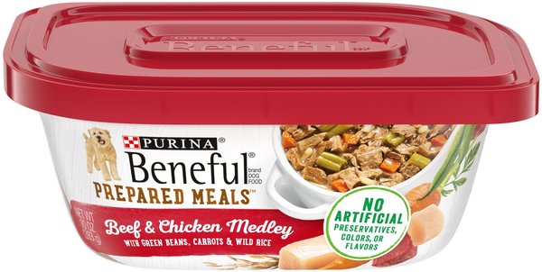 Purina Beneful Prepared Meals Beef & Chicken Medley with Green Beans, Carrots & Wild Rice Wet Dog Food, 10-oz, case of 8 slide 1 of 10