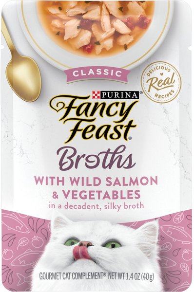 Fancy Feast Classic Broths with Wild Salmon & Vegetables Supplemental Wet Cat Food Pouches, 1.4-oz pouch, case of 16 slide 1 of 9