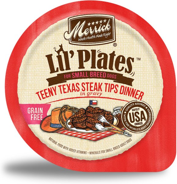 Merrick Lil' Plates Grain-Free Small Breed Wet Dog Food Teeny Texas Steak Tips Dinner, 3.5-oz tub, case of 12 slide 1 of 9