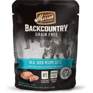 Merrick Backcountry Grain-Free Morsels in Gravy Real Duck Recipe Cuts Cat Food Pouches, 3-oz, case of 24