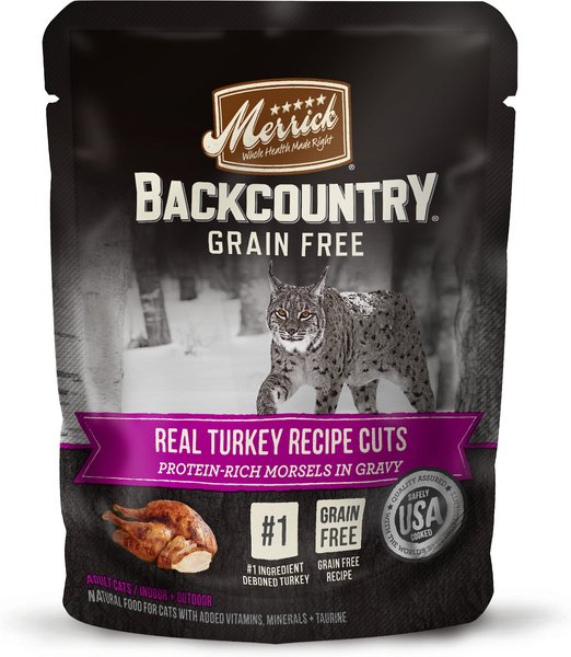Merrick Backcountry Grain-Free Morsels in Gravy Real Turkey Recipe Cuts Cat Food Pouches, 3-oz, case of 24 slide 1 of 9