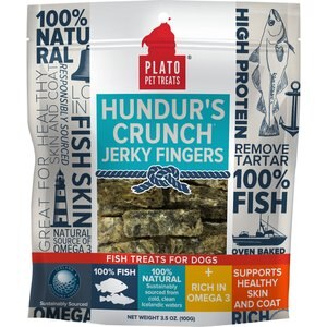Plato Hundur's Crunch Fish Jerky Fingers Dog Treats, 3.5-oz