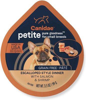 CANIDAE PURE Petite All Stages Small Breed Escalloped Style Dinner with Salmon & Shrimp Wet Dog Food Trays, 3.5-oz, case of 12, slide 1 of 1