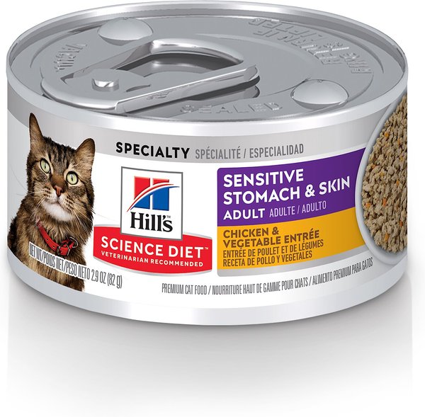 Hill's Science Diet Adult Sensitive Stomach & Skin Chicken & Vegetable Entrée Canned Cat Food, 2.9-oz, case of 24 slide 1 of 10