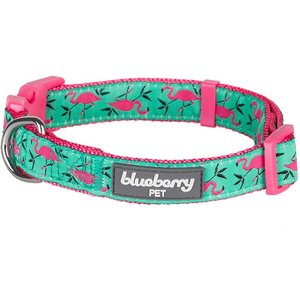 Blueberry Pet Spring Prints Nylon Dog Collar, Pink Flamingo on Light Emerald, Small: 12 to 16-in neck, 5/8-in wide