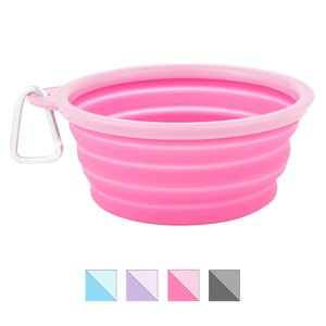 Prima Pets Collapsible Silicone Travel Dog & Cat Bowl with Carabiner, Pink, 1.5-cup