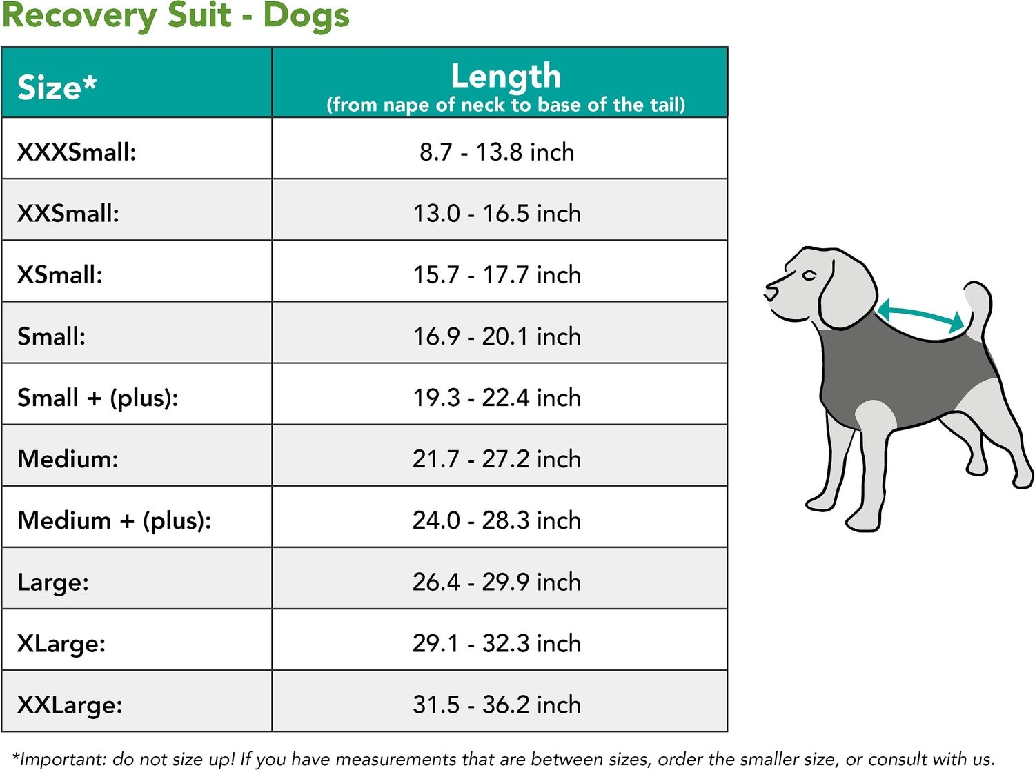 Suitical Recovery Suit Size Chart