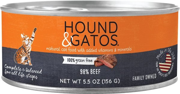 Hound & Gatos 98% Beef Grain-Free Canned Cat Food, 5.5-oz, case of 24 slide 1 of 8