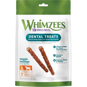 WHIMZEES Veggie Sausage Grain-Free Large Dental Dog Treats, 7 count