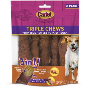 Cadet Gourmet Triple Chews Sweet Potato, Duck, & Pork Hide Twists Dog Treats, 6 count