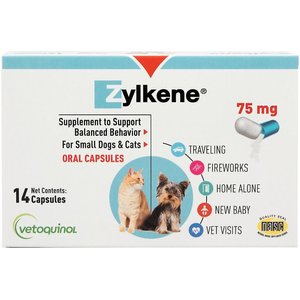 Vetoquinol Zylkene 75-mg Capsules Calming Supplement for Small Dogs & Cats, 14 count