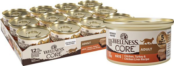 Wellness CORE Natural Grain-Free Chicken Turkey & Chicken Liver Pate Canned Cat Food, 3-oz, case of 12 slide 1 of 8