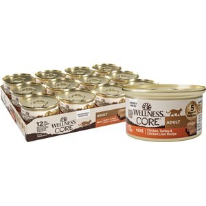 Wellness CORE Natural Grain-Free Chicken Turkey & Chicken Liver Pate Canned Cat Food, 3-oz, case of 12