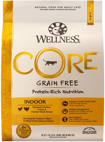 Wellness CORE Grain-Free Chicken, Turkey & Chicken Meal Indoor Formula Dry Cat Food, 11-lb bag slide 1 of 9
