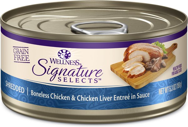 Wellness CORE Signature Selects Shredded Boneless Chicken & Chicken Liver Entree in Sauce Grain-Free Canned Cat Food, 5.3-oz, case of 12 slide 1 of 10