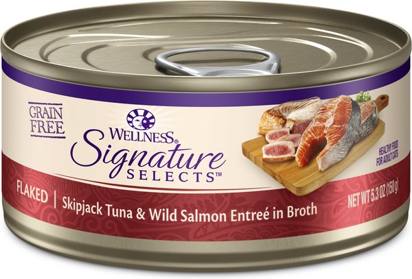 Wellness CORE Signature Selects Flaked Skipjack Tuna & Wild Salmon Entree in Broth Grain-Free Canned Cat Food, 5.3-oz, case of 12 slide 1 of 9