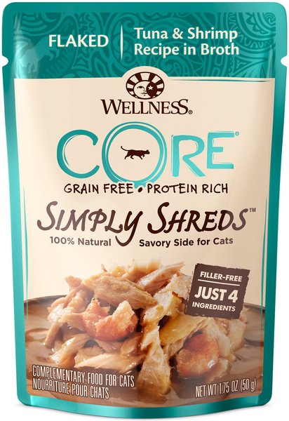 Wellness CORE Simply Shreds Grain-Free Tuna & Shrimp Wet Cat Food Topper, 1.75-oz, case of 12 slide 1 of 8