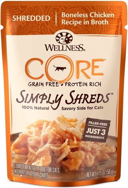 Wellness CORE Simply Shreds Grain-Free Boneless Chicken Wet Cat Food Topper, 1.75-oz, case of 12 slide 1 of 8