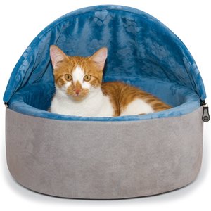 K&H Pet Products Self-Warming Hooded Cat Bed, Blue/Gray, Small