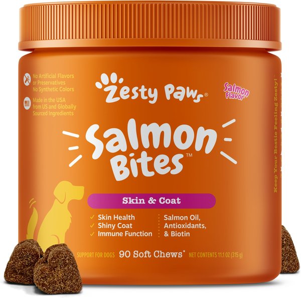 Zesty Paws Salmon Bites Salmon Flavored Soft Chews Skin & Coat Supplement for Dogs, 90 count slide 1 of 11