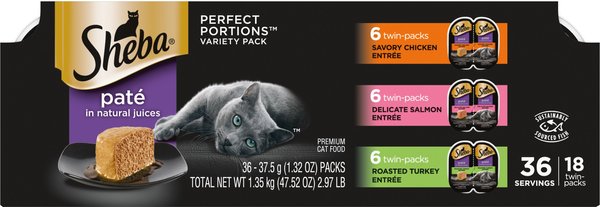 Sheba Perfect Portions Grain-Free Multipack Savory Chicken, Delicate Salmon & Roasted Turkey Pate Cat Food Trays, 2.6-oz, case of 18 twin-packs slide 1 of 9