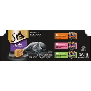 Sheba Perfect Portions Grain-Free Multipack Savory Chicken, Delicate Salmon & Roasted Turkey Pate Cat Food Trays, 2.6-oz, case of 18 twin-packs