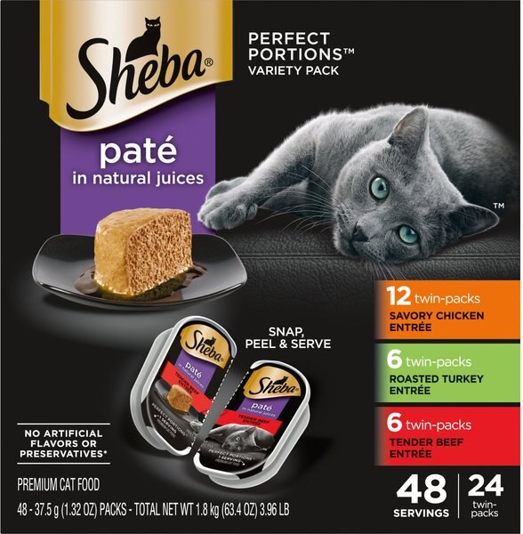 Sheba Perfect Portions Grain-Free Multipack Savory Chicken, Roasted Turkey & Tender Beef Pate Cat Food Trays, 2.6-oz, case of 24 twin-packs slide 1 of 8