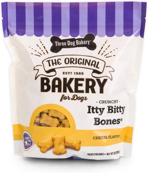Three Dog Bakery Crunchy Itty Bitty Bones with Cheese Dog Treats, 32-oz bag slide 1 of 3