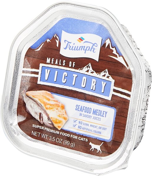 Triumph Meals of Victory Seafood Medley in Savory Juices Cat Food Trays, 3.5-oz, case of 15 slide 1 of 6