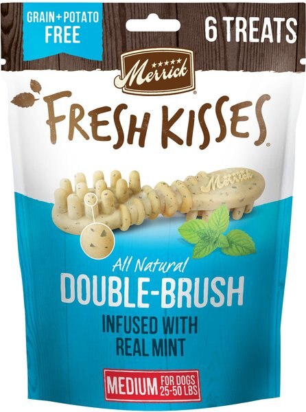 Merrick Fresh Kisses Double-Brush Mint Breath Strip Infused Medium Dental Dog Treats, 6 count slide 1 of 9