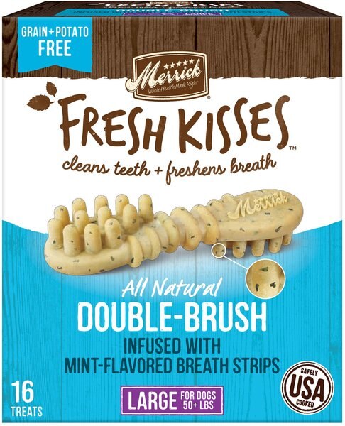 Merrick Fresh Kisses Double-Brush Mint Breath Strip Infused Large Dental Dog Treats, 16 count slide 1 of 9