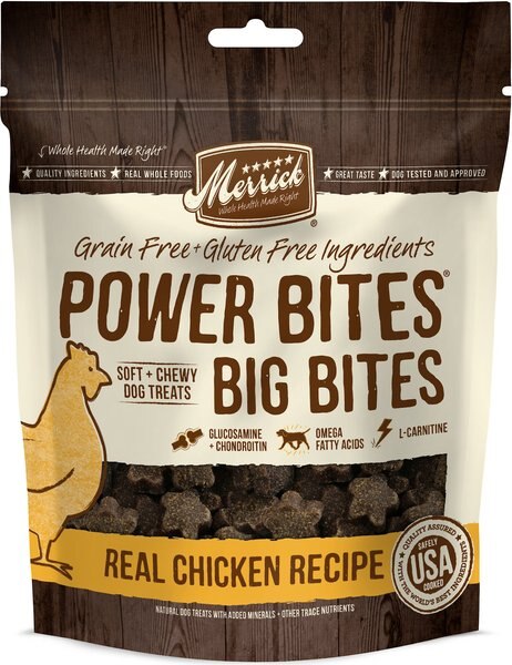 Merrick Power Bites Big Bites Real Chicken Recipe Grain-Free Soft & Chewy Dog Treats, 6-oz bag slide 1 of 9