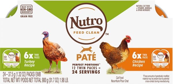 Nutro Perfect Portions Grain-Free Multi-Pack Real Turkey & Real Chicken Paté Recipe Cat Food Trays, 2.65-oz, case of 12 twin-packs slide 1 of 9