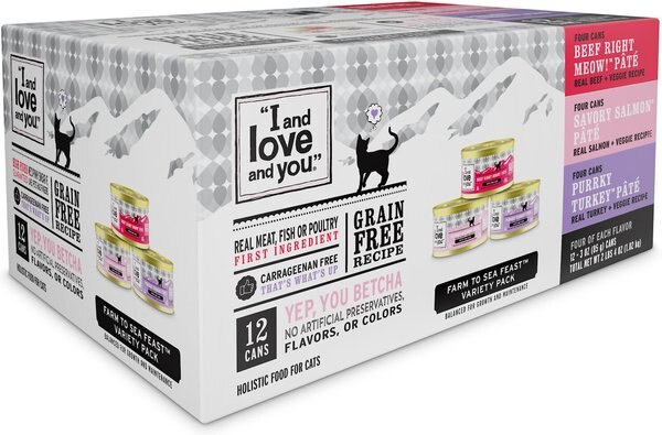 I and Love and You Variety Pack Wholly Cow!, Savory Salmon and Purrky Turkey Pate Canned Cat Food, 3-oz, case of 12 slide 1 of 10