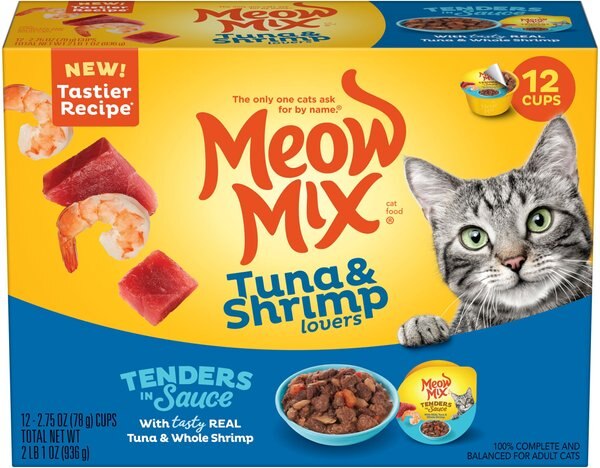 Meow Mix Tender Favorites with Real Tuna & Whole Shrimp in Sauce Cat Food Trays, 2.75-oz, case of 12 slide 1 of 2
