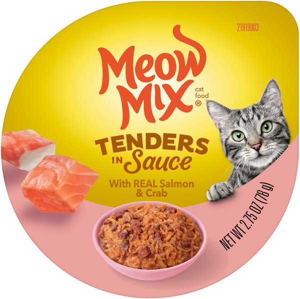 Meow Mix Tender Favorites with Real Salmon & Crab Meat in Sauce Cat Food Trays, 2.75-oz, case of 12 slide 1 of 5